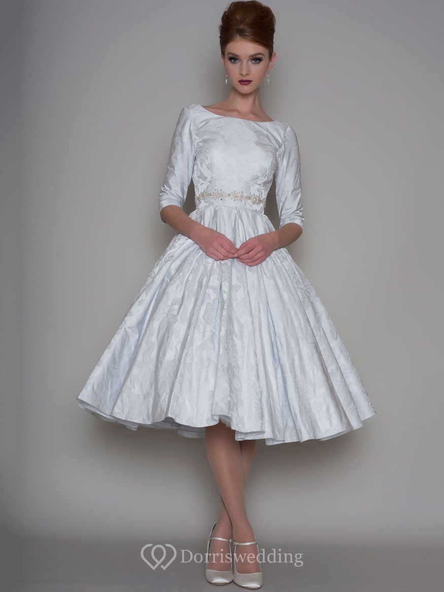 A-Line Tea-Length 3-4 Sleeve Bateau Neck Jeweled Satin Wedding Dress ...