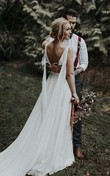 Elegant Watteau Plunging V-neck Goddess A-line Bridal Gown With Chapel Train