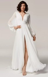 Sexy A Line Chiffon 3/4 Length Sleeve Poet Wedding Dress with Ruching