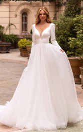 Ethereal Ball Gown Satin V-neck Chapel Train Wedding Dress with Ruching