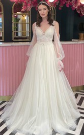 Bohemian A Line Tulle Scalloped Sweep Train Wedding Dress with Appliques