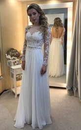 A-line Bateau Floor-length Long Sleeves Lace Chiffon Wedding Dresses