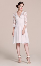3-4 Sleeved V-neck Knee-length Dress With Lace