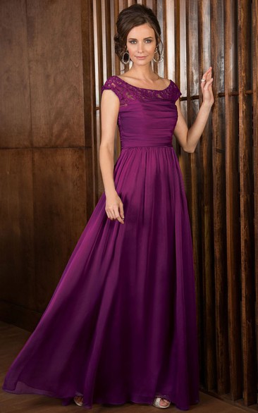 Cap-Sleeved Long Ruched Mother Of The Bride Dress With Illusion Lace ...