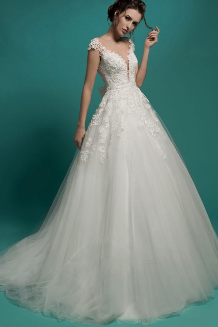 A Line Long V Neck Short Sleeve Illusion Tulle Dress With Appliques And